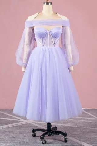 lavender airy tulle long sleeve tea length party dress
