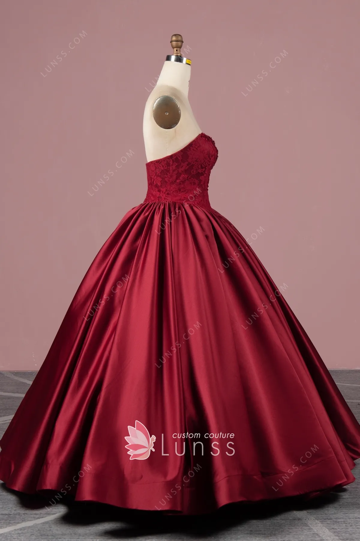 vintage maroon color basque waist satin ball gown formal dress