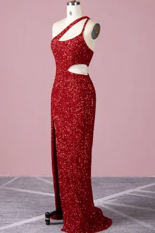 one shoulder sexy cut out red sequin sparkly long prom dress