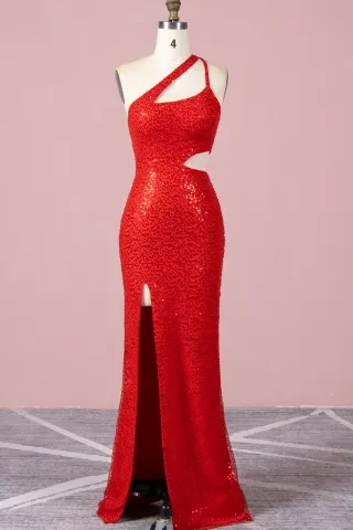 asymmetrical straps one shoulder red sequin cut out dress