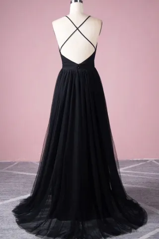 low back with spaghetti straps black tulle dress