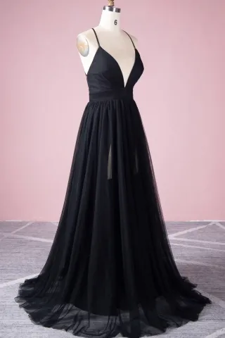 sexy double slit black tulle prom dress