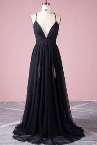 sexy double thigh high slit black tulle v neck prom dress