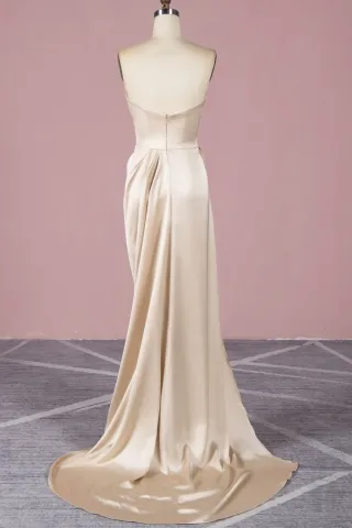asymmetrical side draped details short train champagne satin dress