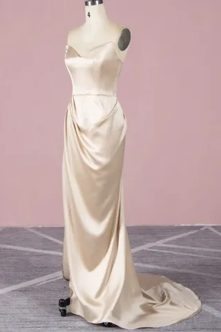 champagne sleek lightweight satin side draped split long evening prom dress