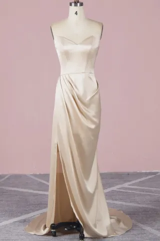 feminine sexy champagne satin draped split evening dress