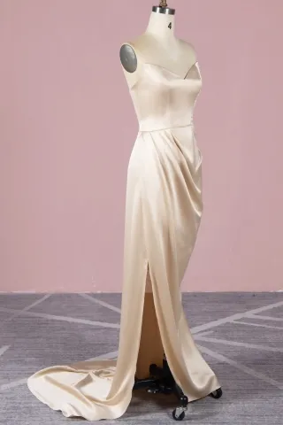 sexy champagne satin draped split dress