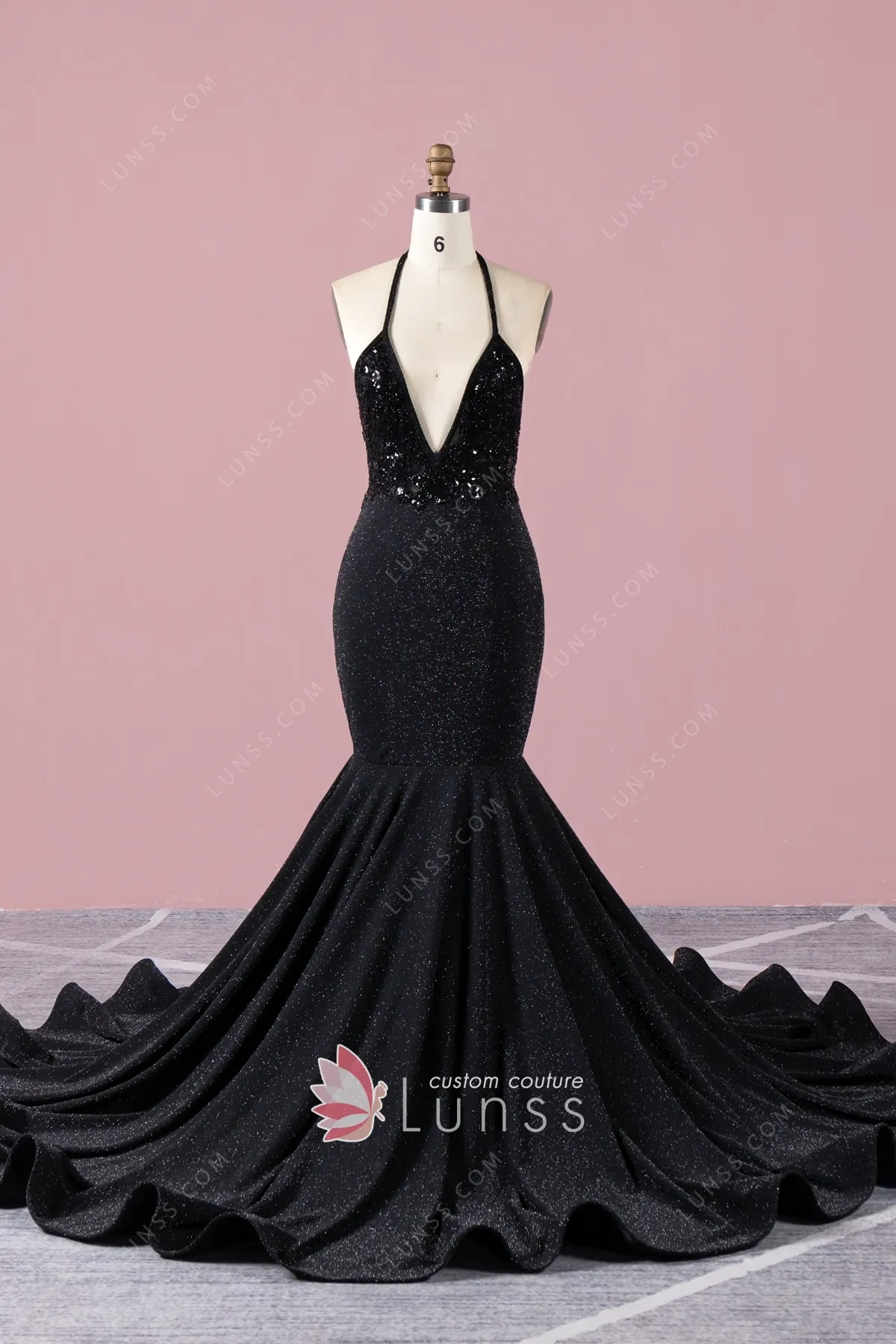 Beaded Black Glitter Spandex Long Train Halter Prom Dress - Lunss