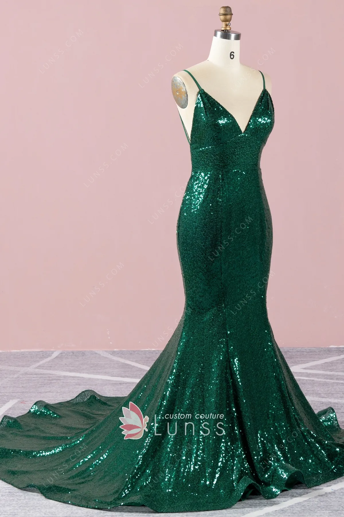 Sparkly Emerald Metallic Sequin Mermaid V-neck Prom Dress - Lunss