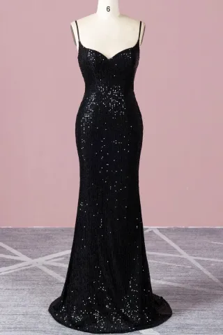 popular black stripe sequin spaghetti straps evening gown