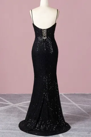 spaghetti straps lace up low back mermaid long dress