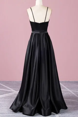 black satin prom dress with a sexy thigh high slit and invisible pockets