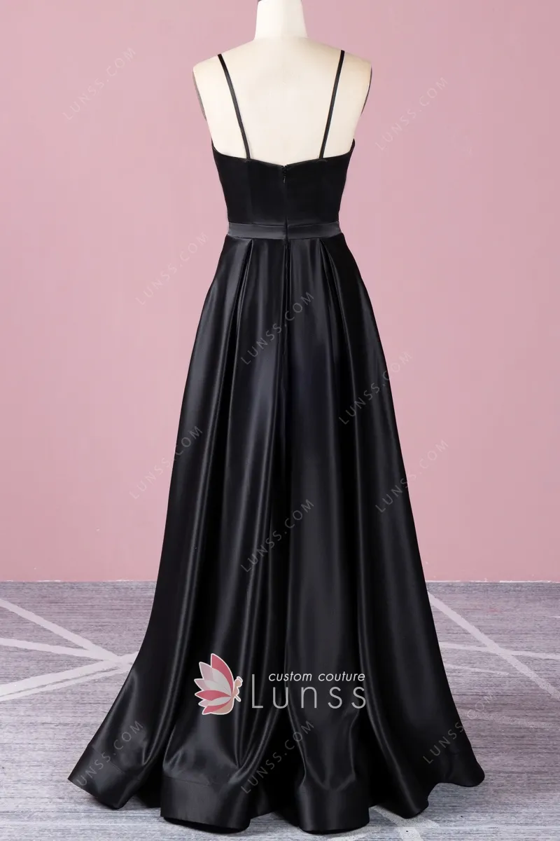 Black Satin Spaghetti Straps A-line Prom Dresses MP793 | Musebridals