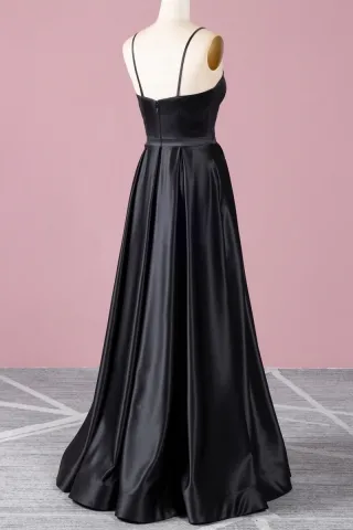 charming sleek black satin floor length A line long prom dress