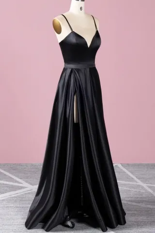 sleek black satin high slit prom dress