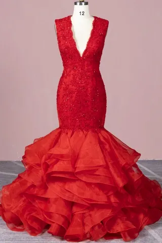 timeless beaded red lace and ruffled organza mermaid gown