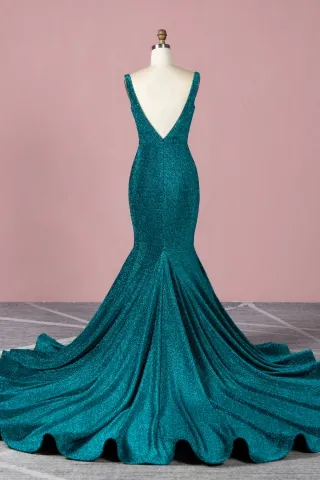 low V back long train jade glitter prom dress