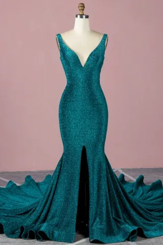 shimmering jade lurex mermaid long train prom dress