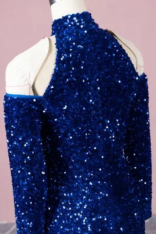 high neck off shoulder sleeve sequin dress