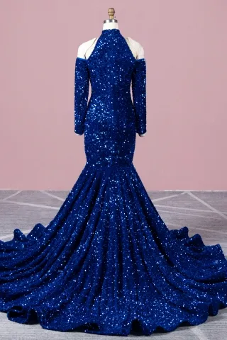 off the shoulder long sleeve royal blue sequin sprakly prom dress