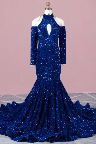 royal blue 5mm sequins long sleeve mermaid prom dress