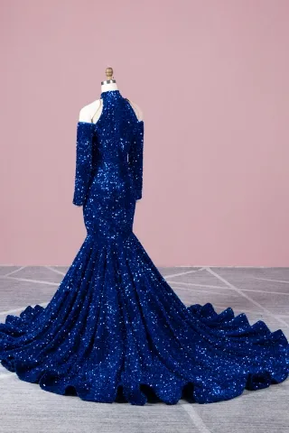 shimmering royal blue 5mm sequins on velvet mermaid long prom dress