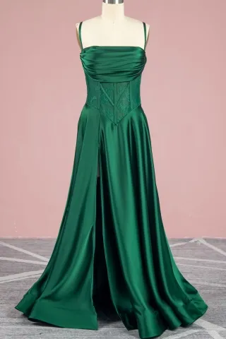 emerald green satin corset basque waist split prom dress
