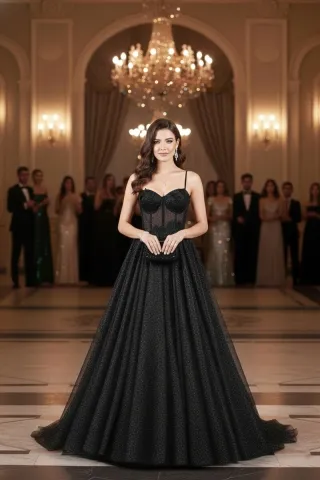 black glitter tulle corset formal dress