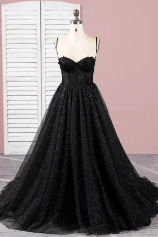 stylish black glitter sheer corset sweetheart prom dress