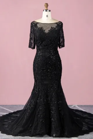 gorgeous beaded black lace mermaid bridal formal dress