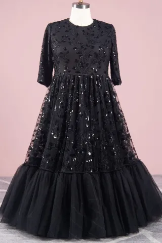 black sequin leaf lace 3 4 sleeve plus size formal gown