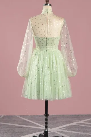 sheer puff sleeve heart shape tulle short homecoming dress