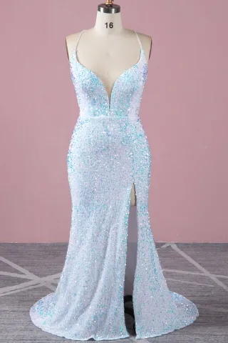 iridescent 5mm sequin velvet slit evening prom dress