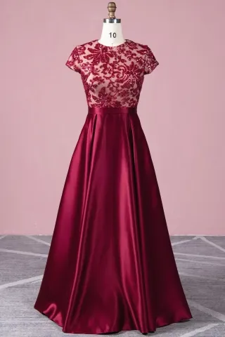 vintage sequinned wine lace satin cap sleeve prom dress
