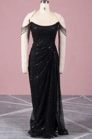 beaded off shoulder strap black glitter sheath prom dress