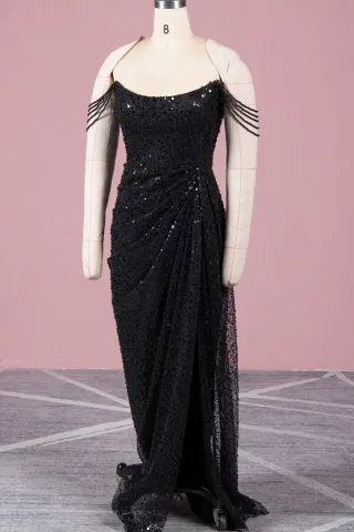 off shoulder strap black glitter dress
