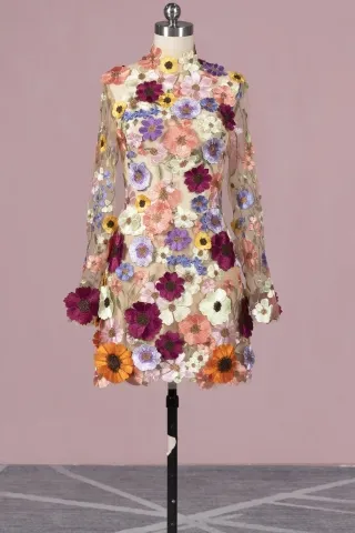 colorful 3d flowers short sheer fairy birthday party gown