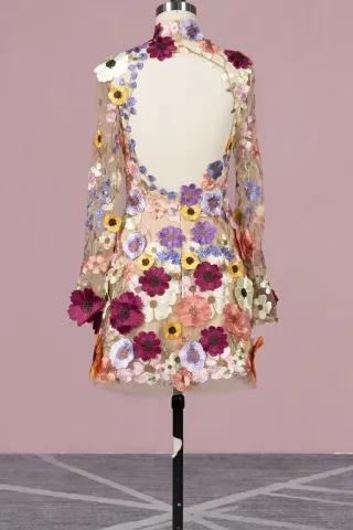 open back long sleeve 3d flowers short party gown