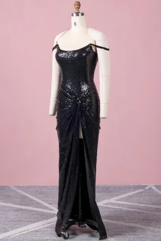 black sequin off shoulder slim prom gown