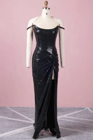 sparkling black sequin off shoulder slit slim prom dress
