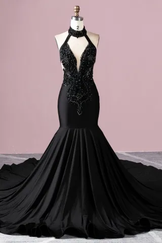beaded black halter long train African American prom gown