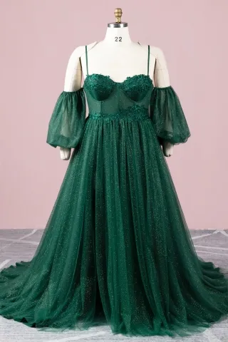 shimmery dark green puff sleeve plus size tulle prom gown
