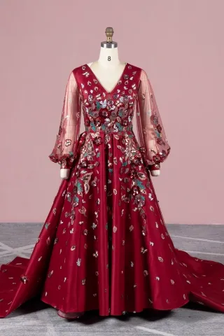 colorful sequin flowers butterflies burgundy formal dress