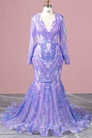 iridescent purple sequin long sleeve mermaid prom dress
