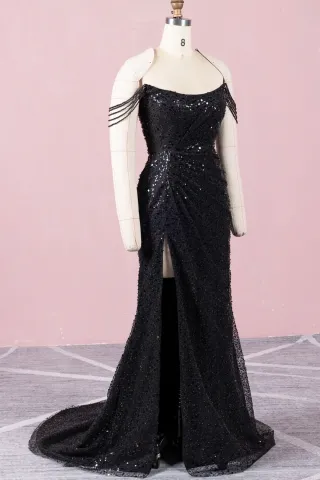 elegant black bead slit prom dress