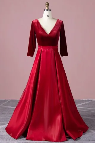 34 sleeve dark red velvet and satin v neck formal gown