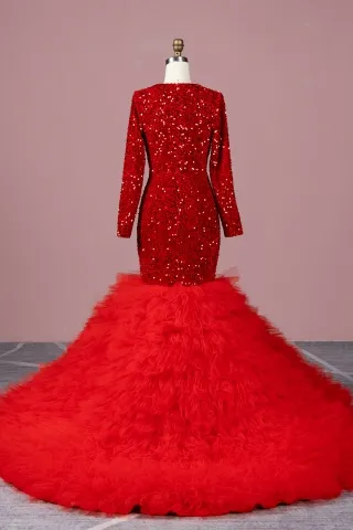 closed back and long sleeves red sequin dress