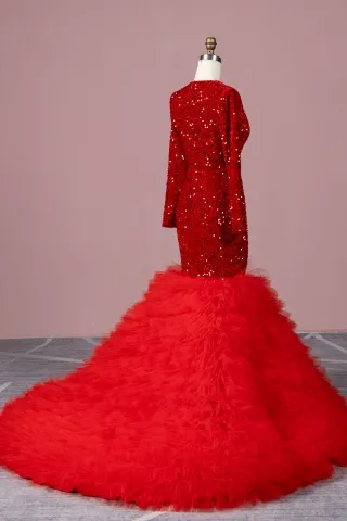 long sleeve red sequin and ruffled tulle mermaid prom dress