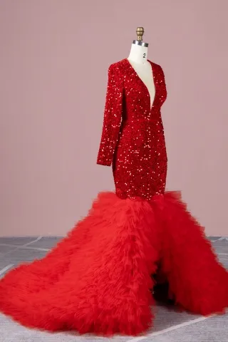 red sequin ruffled tulle mermaid gown