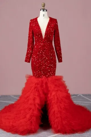 sparkly red sequin ruffled tulle split mermaid prom gown